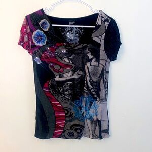 S/M Desigual Multi-color Printed Asymmetrical Neckline Short Sleeve Tee